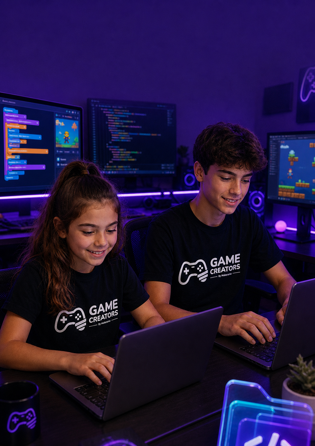 Alunos do Game Creators criando jogos